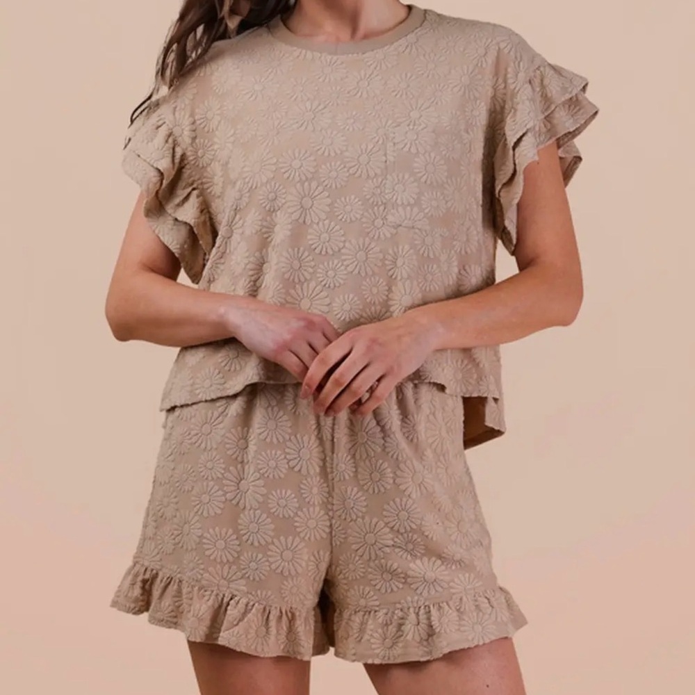 Floral Textured Ruffled Knit Top & Short Set - Taupe